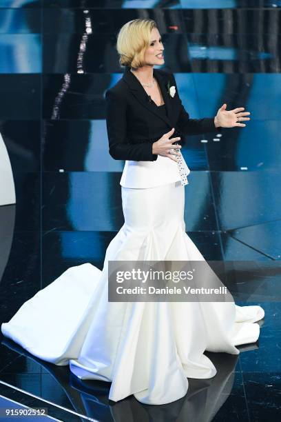 Michelle Hunziker attends the third night of the 68. Sanremo Music Festival on February 8, 2018 in Sanremo, Italy.