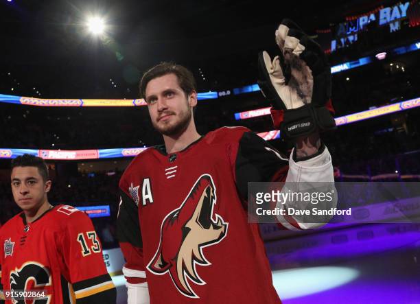 Oliver Ekman-Larsson of the Arizona Coyotes stands on the ice before the 2018 GEICO NHL All-Star Skills Competition at Amalie Arena on January 27,...