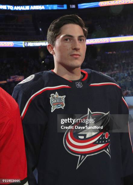 Zach Werenski of the Columbus Blue JackeColumbus Blue Jacketsstands on the ice before the 2018 GEICO NHL All-Star Skills Competition at Amalie Arena...