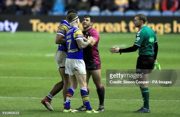 Tempers flare between Hull KR's Justin Carney and Leeds Rhinos' Richie Myler during the Betfred Super League match at Elland Road, Leeds.