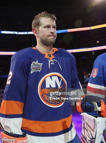 Josh Bailey of the New York Islanders stands on the ice before the 2018 GEICO NHL All-Star Skills Competition at Amalie Arena on January 27, 2018 in...