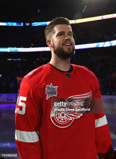 Mike Green of the Detroit Red Wings stands on the ice before the 2018 GEICO NHL All-Star Skills Competition at Amalie Arena on January 27, 2018 in...