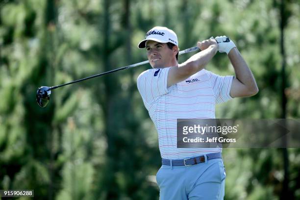 Ben Martin plays his shot from the 18th tee during Round One of the AT&T Pebble Beach Pro-Am at Monterey Peninsula Country Club on February 8, 2018...