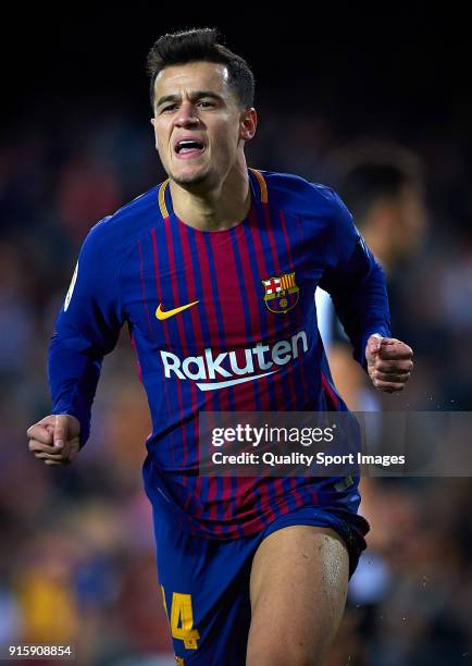 Philippe Coutinho of Barcelona celebrates after scoring a gol during the Semi Final Second Leg match of the Copa del Rey between Valencia CF and FC...