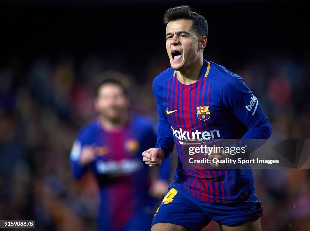 Philippe Coutinho of Barcelona celebrates after scoring a gol during the Semi Final Second Leg match of the Copa del Rey between Valencia CF and FC...