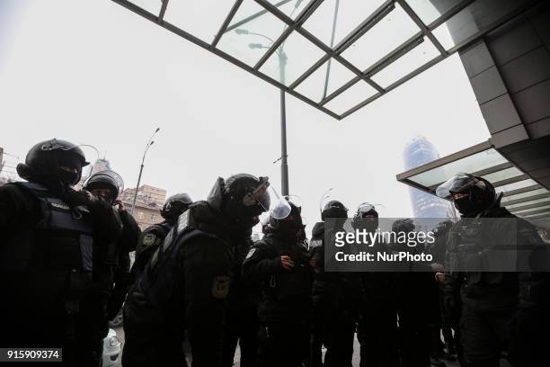 Police forces stand outside the business center &quot;Gulliver&quot;. Few groups of police forces, ARMA and unidentified people seized the office of...