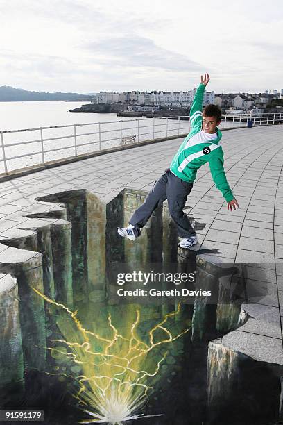 World Champion diver Tom Daley launches the Ben's 10 awards by standing by a chalk illusion on the ground at The Hoe on October 5, in Plymouth,...