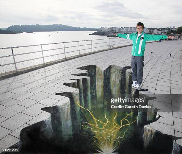 World Champion diver Tom Daley launches the Ben's 10 awards by standing by a chalk illusion on the ground at The Hoe on October 5, in Plymouth,...