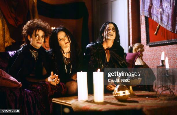 Episode 17 -- Pictured: Chris Kattan as Azrael Abyss, Molly Shannon as Circe Nightshade, Rob Lowe as The Beholder during the 'Goth Talk' skit on...