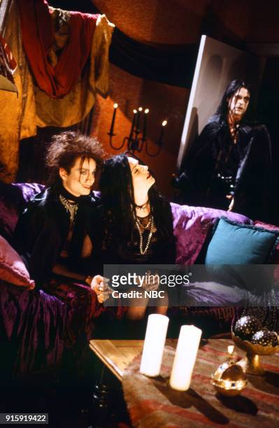 Episode 17 -- Pictured: Chris Kattan as Azrael Abyss, Molly Shannon as Circe Nightshade, Rob Lowe as The Beholder during the 'Goth Talk' skit on...