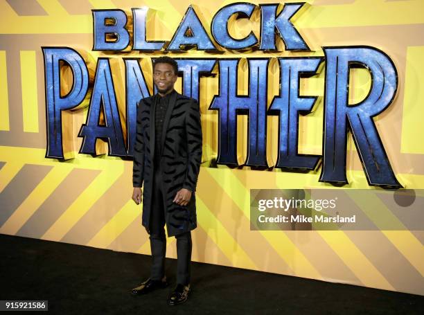 Chadwick Boseman attends the European Premiere of 'Black Panther' at Eventim Apollo on February 8, 2018 in London, England.