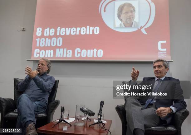 Mozambican writer Antonio Emlio Leite Couto , better known as Mia Couto, and the president of Camoes Institute Luis Faro Ramos listen to a question...