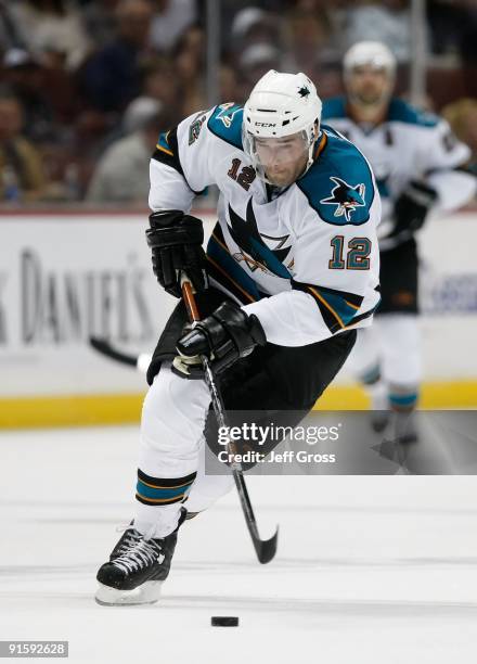 Patrick Marleau of the San Jose Sharks skates against the Anaheim Ducks at the Honda Center on October 3, 2009 in Anaheim, California. The Sharks...