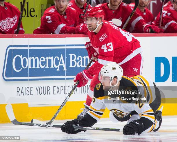 Darren Helm of the Detroit Red Wings battles along the boards with Brandon Carlo of the Boston Bruins during an NHL game at Little Caesars Arena on...