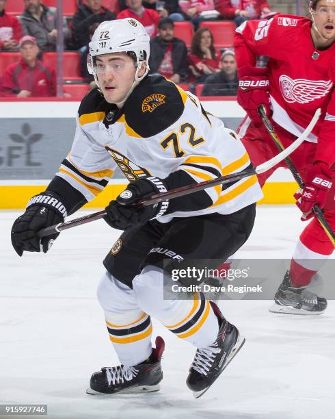 Frank Vatrano of the Boston Bruins follows the play against the Detroit Red Wings during an NHL game at Little Caesars Arena on February 6, 2018 in...