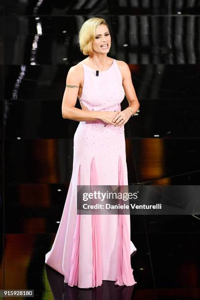 Michelle Hunziker attends the third night of the 68. Sanremo Music Festival on February 8, 2018 in Sanremo, Italy.