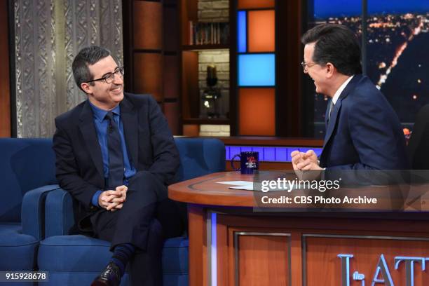 The Late Show with Stephen Colbert and guest John Oliver during Wednesday's February 7, 2018 show.