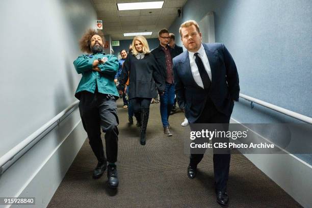 Reggie Watts and Meghan Trainor walk to stage with James Corden during "The Late Late Show with James Corden," Wednesday, February 7, 2018 On The CBS...