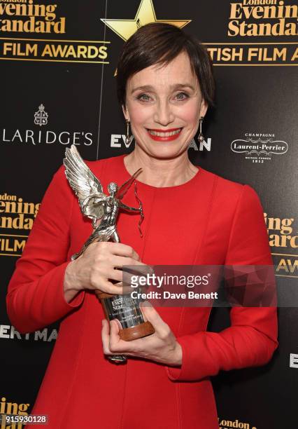 Dame Kristin Scott Thomas poses with the Best Actress award for "The Party" at the London Evening Standard British Film Awards 2018 at Claridge's...
