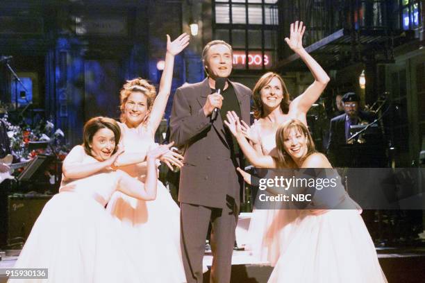 Episode 16 -- Pictured: Rachel Dratch, Ana Gasteyer, Christopher Walken, Molly Shannon, Cheri Oteri during the monologue on April 8, 2000 --