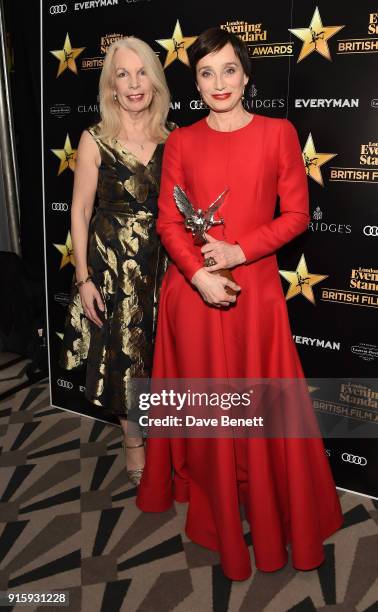 Amanda Nevill and Dame Kristin Scott Thomas pose with the Best Actress award for "The Party" at the London Evening Standard British Film Awards 2018...