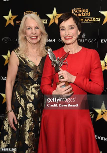 Amanda Nevill and Dame Kristin Scott Thomas pose with the Best Actress award for "The Party" at the London Evening Standard British Film Awards 2018...