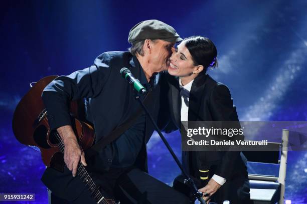 James Taylor and Giorgia attend the third night of the 68. Sanremo Music Festival on February 8, 2018 in Sanremo, Italy.