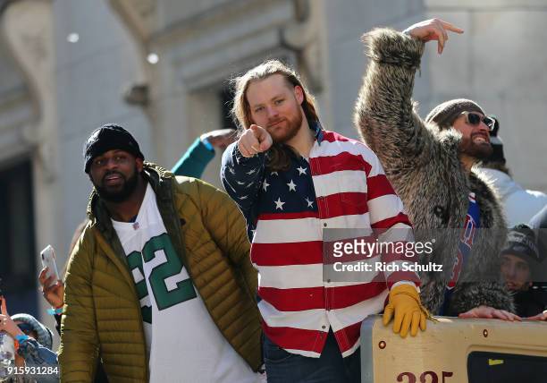 Fletcher Cox, Beau Allen and Chris Long of the Philadelphia Eagles during their Super Bowl Victory Parade on February 8, 2018 in Philadelphia,...