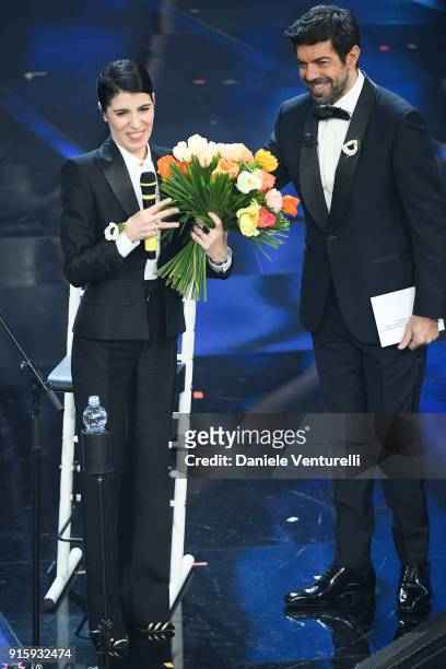 Giorgia and Pierfrancesco Favino attend the third night of the 68. Sanremo Music Festival on February 8, 2018 in Sanremo, Italy.