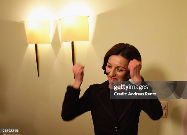 German writer Herta Mueller celebrates during a press conference on October 8, 2009 in Berlin, Germany. 56-year-old Romanian-born German writer Herta...