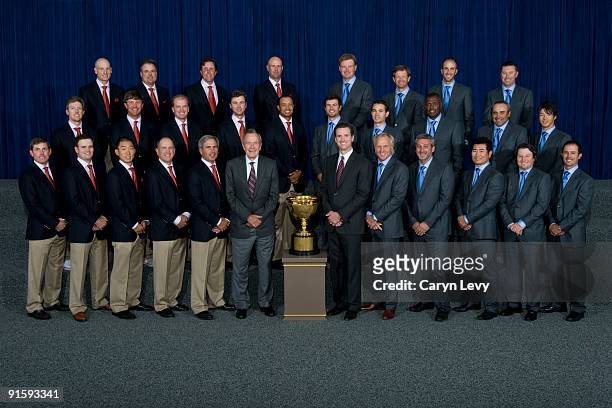 The US & International teams pose for their formal group portrait with former President George H.W. Bush after the opening ceremony for The...