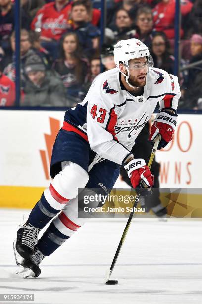 Tom Wilson of the Washington Capitals skates against the Columbus Blue Jackets on February 6, 2018 at Nationwide Arena in Columbus, Ohio.