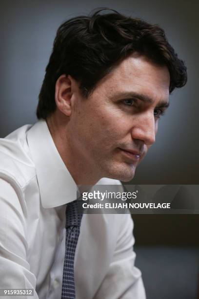 Canadian Prime Minister Justin Trudeau speaks with AppDirect employees at the company offices as part of his three-day United States tour, February...
