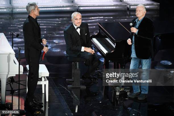 Claudio Baglioni, Danilo Rea and Gino Paoli attend the third night of the 68. Sanremo Music Festival on February 8, 2018 in Sanremo, Italy.