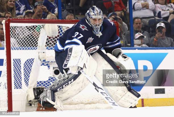 Goaltender Connor Hellebuyck of the Winnipeg Jets competes in the GEICO NHL Save Streak during 2018 GEICO NHL All-Star Skills Competition at Amalie...