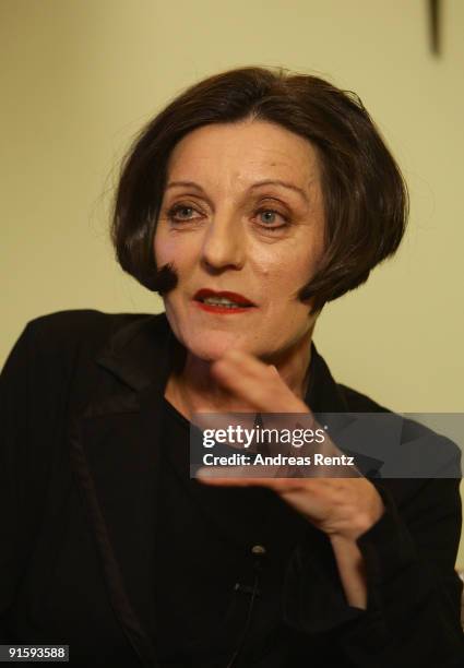 German writer Herta Mueller gestures during a press conference on October 8, 2009 in Berlin, Germany. 56-year-old Romanian-born German writer Herta...