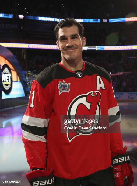 Brian Boyle of the New Jersey Devils acknowledges the fans during player introductions prior to the 2018 GEICO NHL All-Star Skills Competition at...