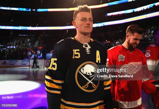 Jack Eichel of the Buffalo Sabres stands on the ice during player introductions prior to the 2018 GEICO NHL All-Star Skills Competition at Amalie...