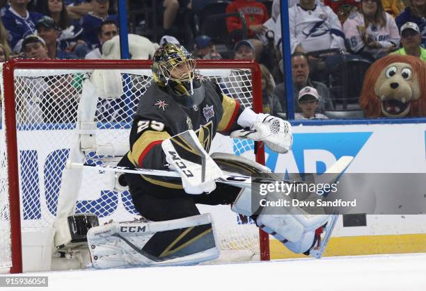 Goaltender Marc-Andre Fleury of the Vegas Golden Knights competes in the GEICO NHL Save Streak during 2018 GEICO NHL All-Star Skills Competition at...