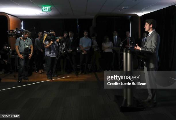 Canada Prime Minister Justin Trudeau speaks to members of the media during a visit to AppDirect on February 8, 2018 in San Francisco, California....