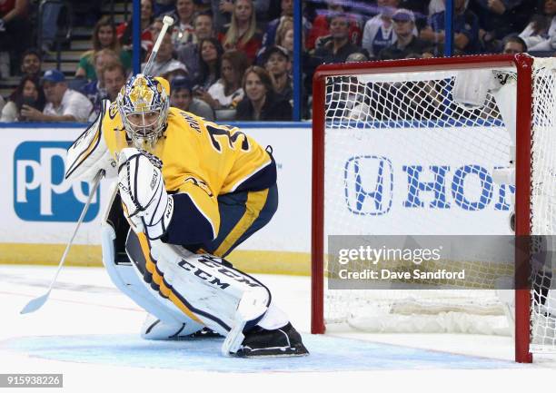 Pekka Rinne of the Nashville Predators competes in the GEICO NHL Save Streak during 2018 GEICO NHL All-Star Skills Competition at Amalie Arena on...