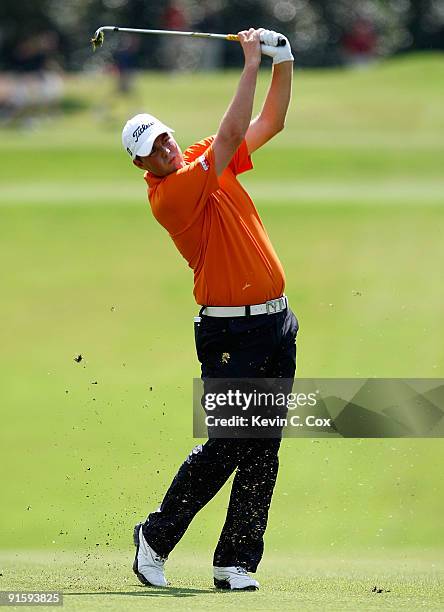 Marc Leishman of Australia hits a shot during the first round of THE TOUR Championship presented by Coca-Cola, the final event of the PGA TOUR...