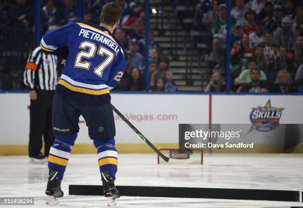 Alex Pietrangelo of the St. Louis Blues competes in the Dunkin Donuts NHL Passing Challenge during 2018 GEICO NHL All-Star Skills Competition at...