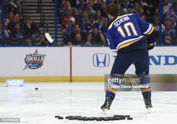 Brayden Schenn of the St Louis Blues competes in the Dunkin Donuts NHL Passing Challenge during 2018 GEICO NHL All-Star Skills Competition at Amalie...