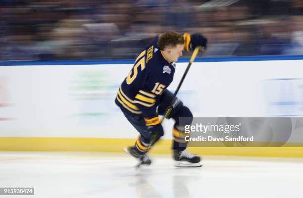 Jack Eichel of the Buffalo Sabres competes in the Enterprise NHL Fastest Skater during 2018 GEICO NHL All-Star Skills Competition at Amalie Arena on...