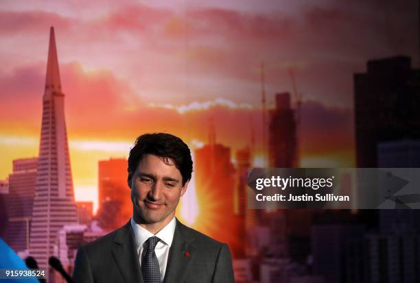 Canada Prime Minister Justin Trudeau looks on before speaking to members of the media during a visit to AppDirect on February 8, 2018 in San...