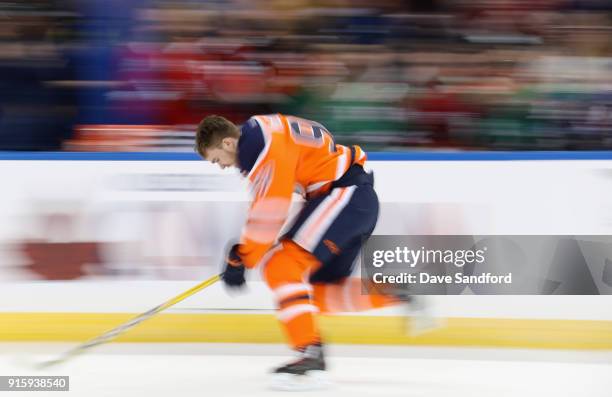 Connor McDavid of the Edmonton Oilers competes in the Enterprise NHL Fastest Skater during 2018 GEICO NHL All-Star Skills Competition at Amalie Arena...