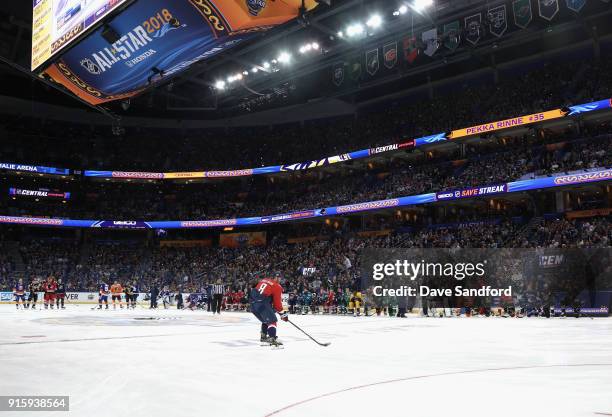 Alex Ovechkin of the Washington Capitals competes in the GEICO NHL Save Streak during 2018 GEICO NHL All-Star Skills Competition at Amalie Arena on...