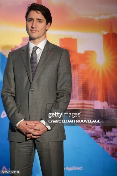 Canadian Prime Minister Justin Trudeau speaks during a visit to the offices of AppDirect as part of his three-day United States tour February 8 in...