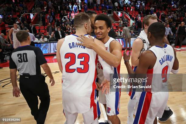 Blake Griffin and Reggie Hearn of the Detroit Pistons hug after the game against the Portland Trail Blazers on February 5, 2018 at Little Caesars...